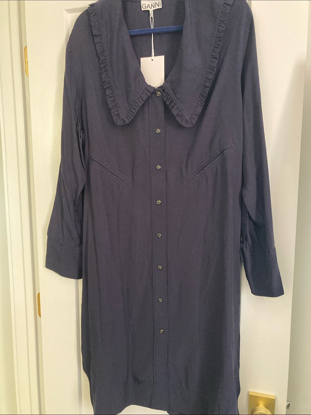 Ganni Ripstop Navy Button-Front Dress with Ruffle Collar - Picture 2 of 12
